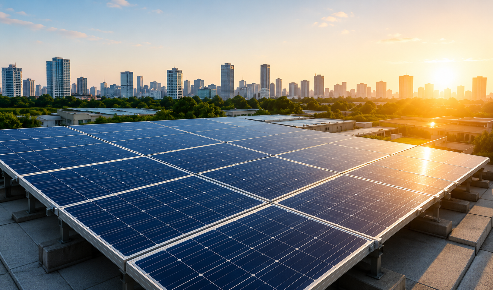 Rooftop solar panels with city skyline at sunset
