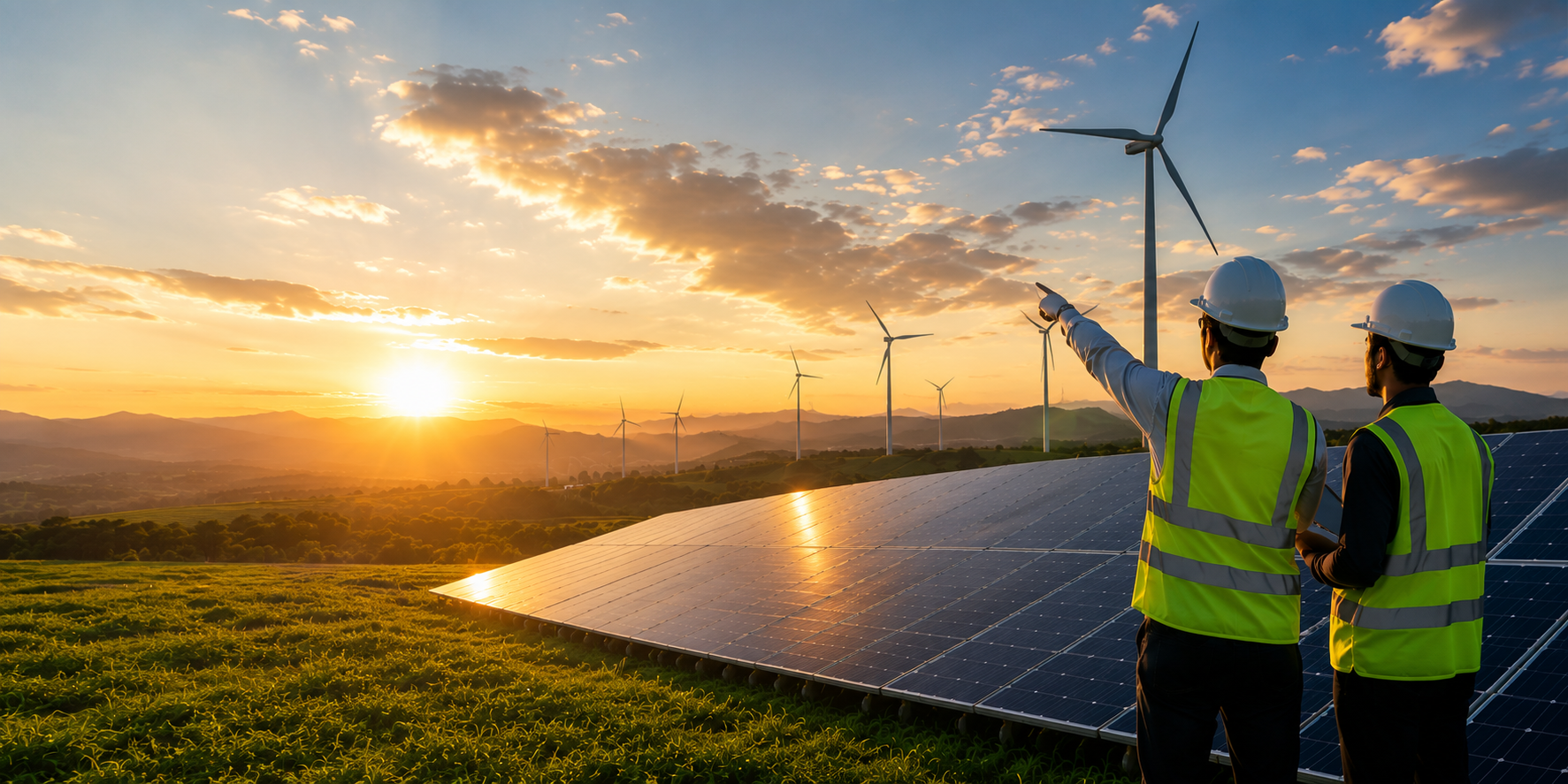 Engineers at solar and wind farm